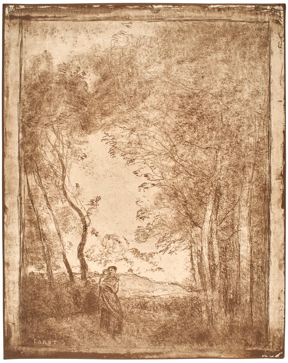 Fiatal anya egy erdő bejáratánál alkotó: Jean-Baptiste-Camille Corot