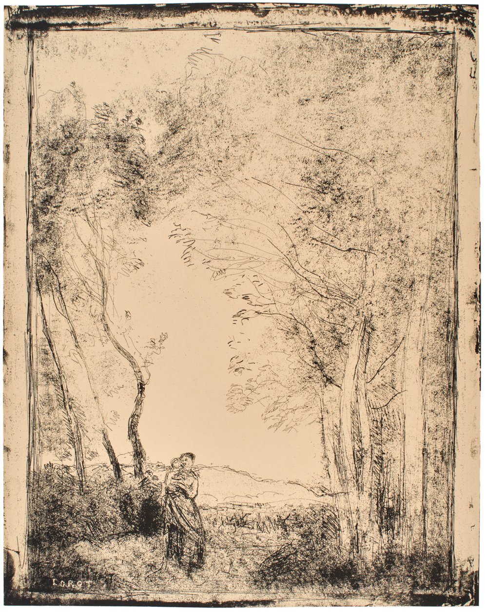 Fiatal anya egy erdő bejáratánál alkotó: Jean-Baptiste-Camille Corot