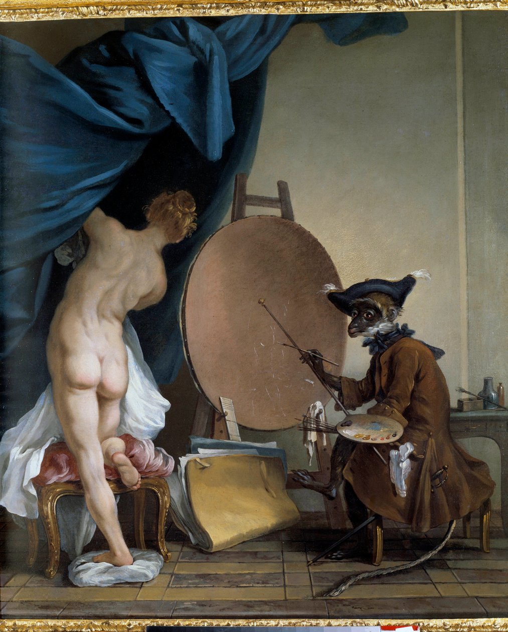 A majomfestő. Olaj, vászon, 0,89 x 0,62 m. - A festőmajom. Jean Baptiste Deshays festménye (1729-1765) alkotó: Jean Baptiste Deshays