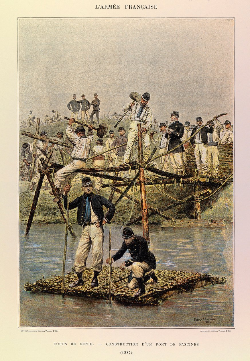 Jules Richard kapitány francia hadseregének típusai és egyenruhái, illusztrálta Edouard Detaille (1848-1912): Egy fascines híd építése 1887-ben, magángyűjtemény. alkotó: Jean Baptiste Edouard Detaille