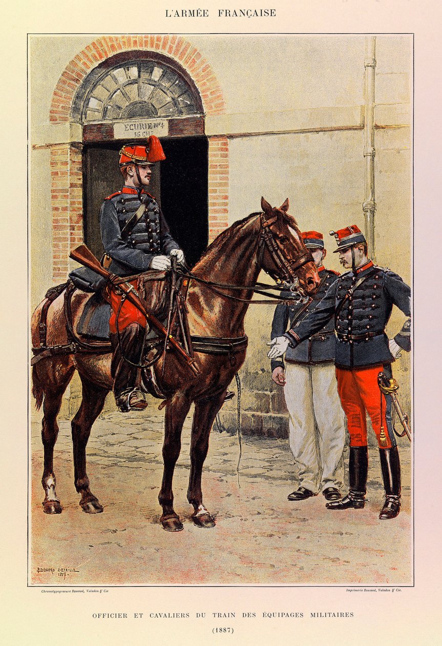 Jules Richard százados francia hadseregének típusai és egyenruhái, illusztrálta: Edouard Detaille (1848-1912): A katonai legénység vonatának tisztje és lovasa 1887-ben, Magángyűjtemény alkotó: Jean Baptiste Edouard Detaille