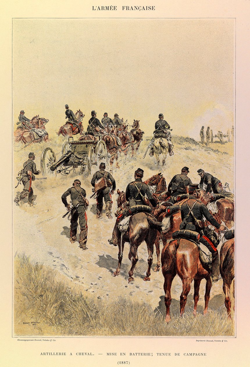 A Jules Richard százados francia hadseregének típusai és egyenruhái, illusztrálta Edouard Detaille (1848-1912): Tüzérség lóháton; Elemek; Mezei ruha 1887-ben, Magángyűjtemény alkotó: Jean Baptiste Edouard Detaille
