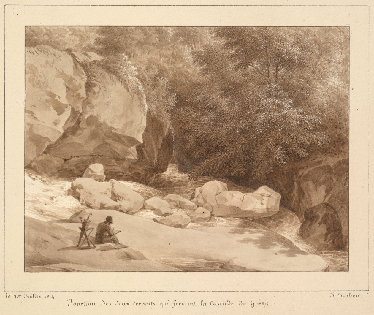 A Grésy-vízesést alkotó két patak találkozása alkotó: Jean-Baptiste Isabey