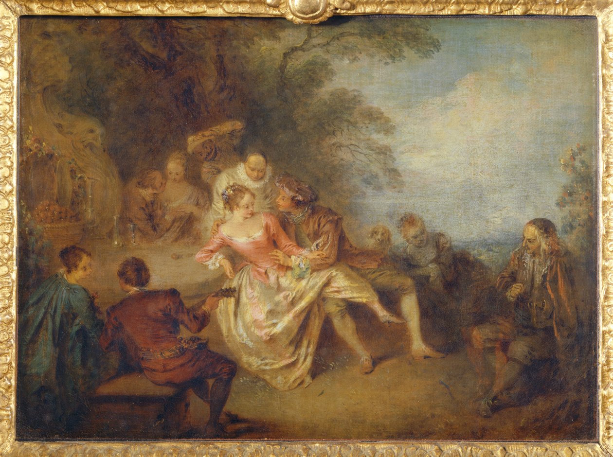 Olasz vígjátékszínészek találkozója egy parkban ... alkotó: Jean-Baptiste Joseph Pater