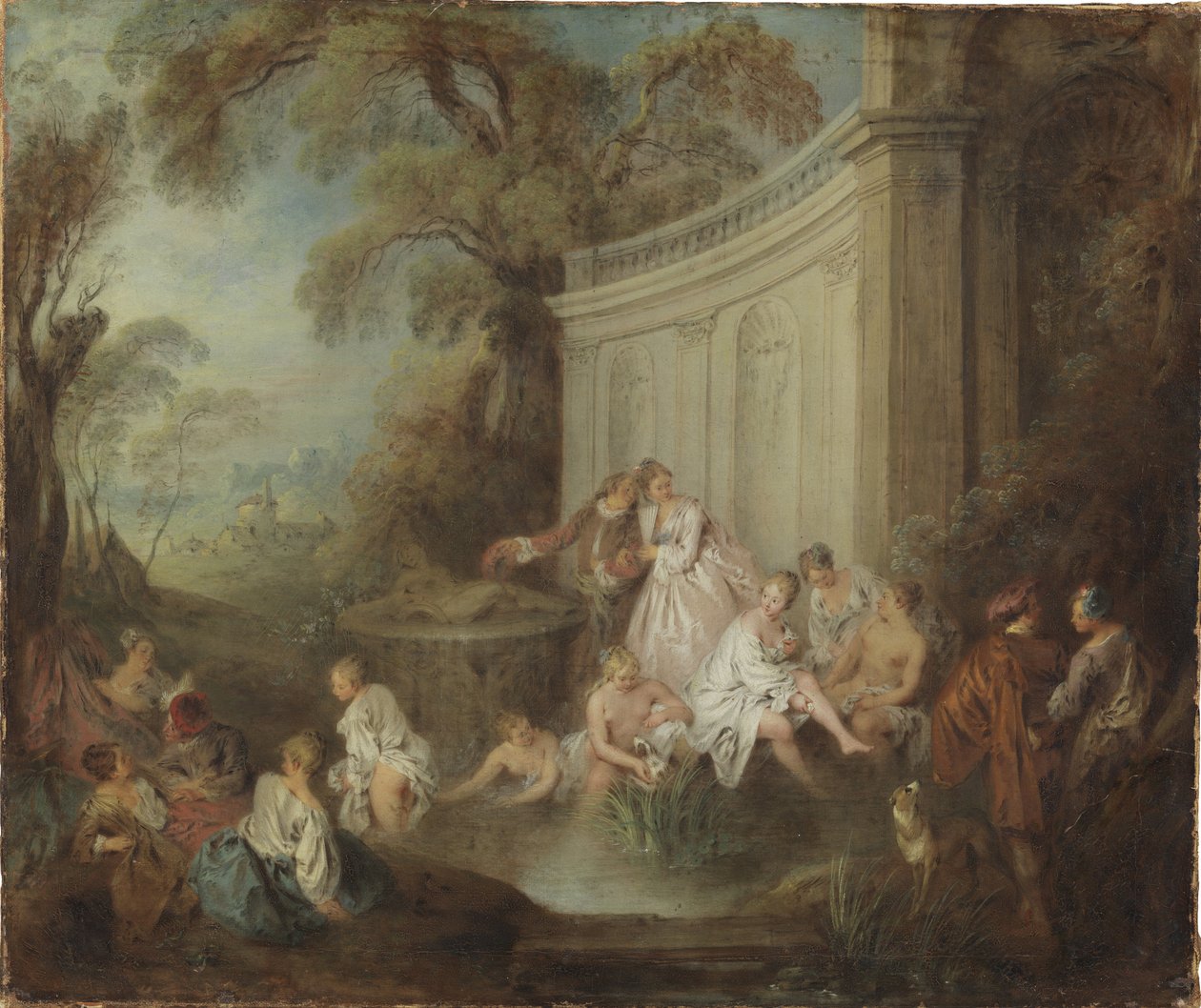 Egy társaság fürdő egy parkban - A Company Bather in a Park, Pater, Jean-Baptiste (1695-1736). Olajfestmény. Mérete: 49x59 cm. Nemzeti Múzeum Stockholm alkotó: Jean Baptiste Joseph Pater