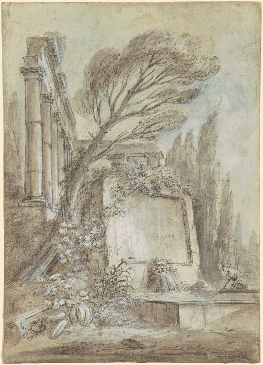 Római romok építészeti fantáziája feliratos táblával, 1768 körül (barna tinta, papír) alkotó: Jean-Baptiste Lallemand