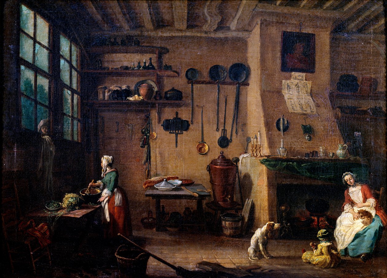 Konyhabelső a 18. században. Egy szakács készíti az ételt. A háttérben a fal mentén lógó konyhai eszközöket látjuk. Jean Baptiste Lallemand (1710-1803) festménye, 18. századi Dijon, Szépművészeti Múzeum alkotó: Jean Baptiste Lallemand