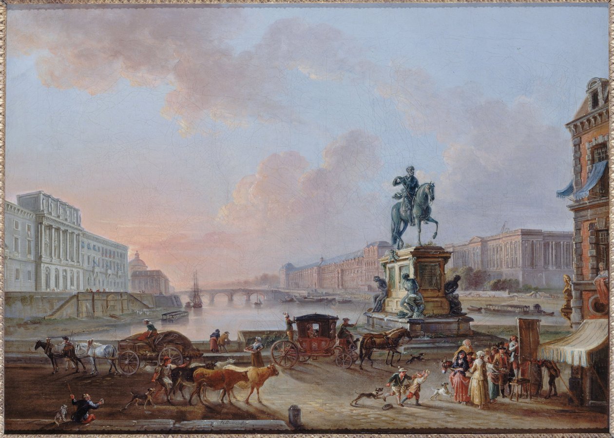 La Monnaie, a Pont Royal és a Louvre, a Pont-Neuf terre-plein felől nézve, 1775 körül, 1775 körül (olaj) alkotó: Jean Baptiste Lallemand
