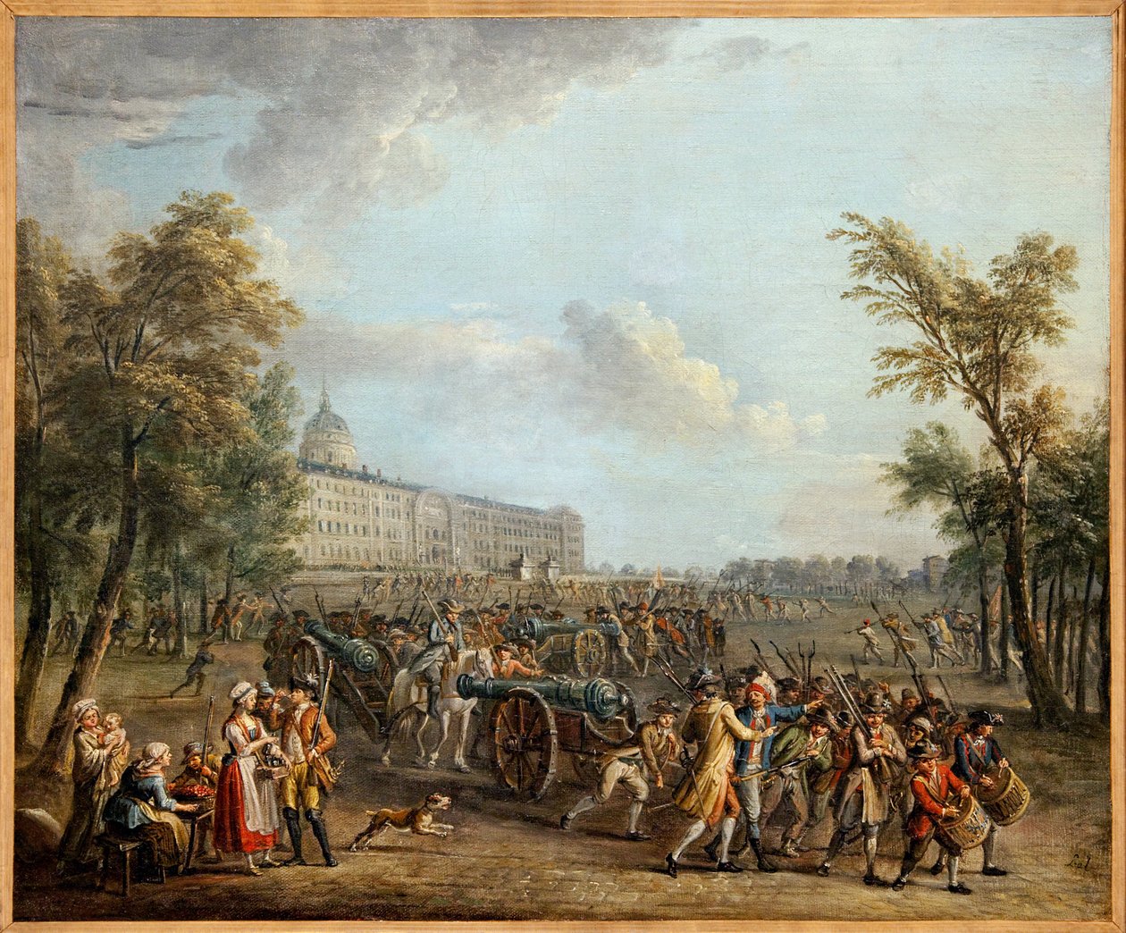 Fegyverfosztás az Invalidusoknál, a párizsiak, miután július 13-án birtokba vették a Garde Meuble-t, 1789. július 14-én megszállták az Invalidusokat, és elvittek 4 fegyvert és 34 000 fegyvert. Jean Baptiste Lallemand (1716-1803) festménye . Fényképészet, K alkotó: Jean Baptiste Lallemand