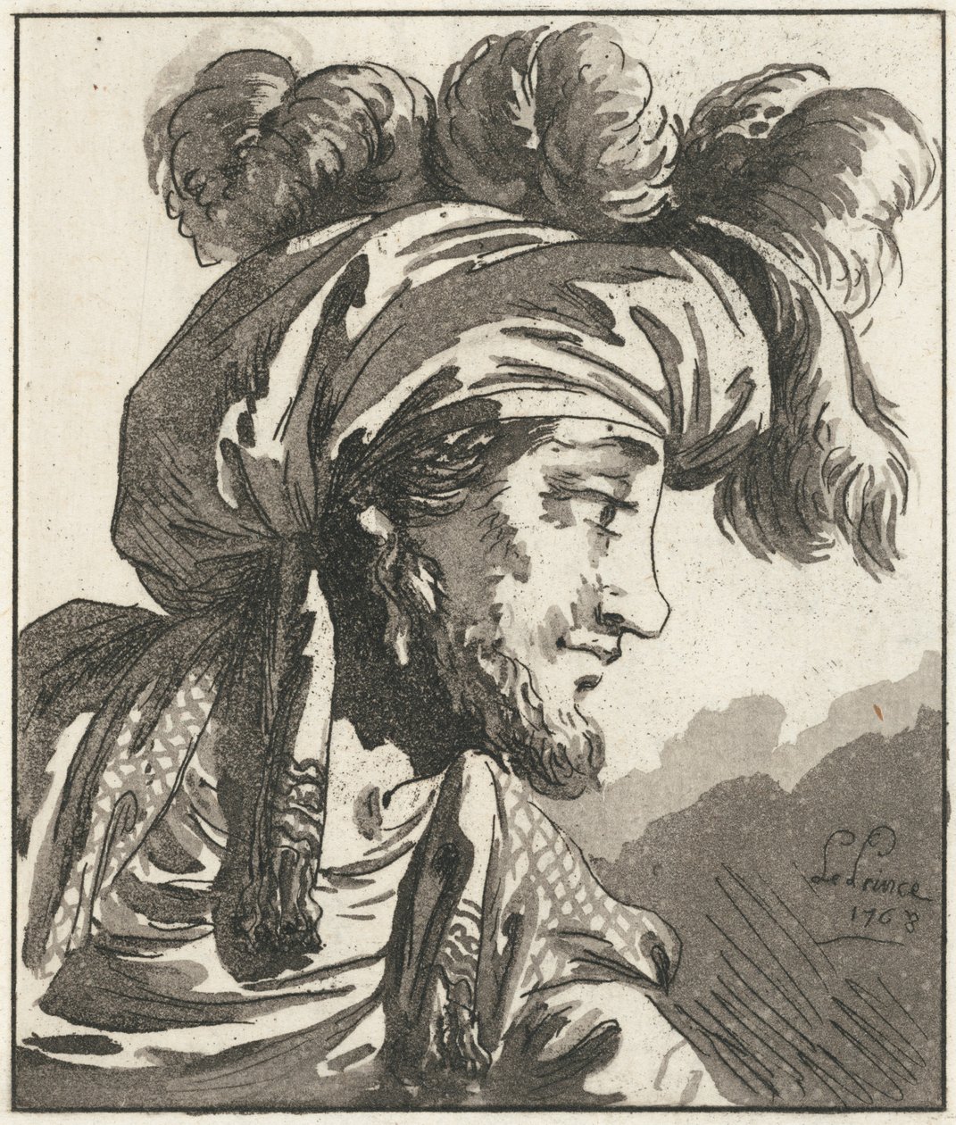 Bajusz nélküli, turbános férfi feje alkotó: Jean-Baptiste Le Prince
