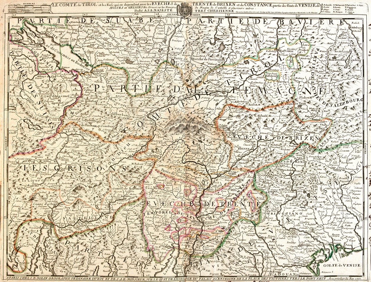 Németország (tartomány: Baden-Württemberg, Bajorország), Ausztria (tartomány: Voralberg, Tirol, Salzburg, Karintia), Liechtenstein, Svájc (kanton: Thurgau, Appenzell Ausserrhoden, Appenzell Innerrhoden, St. alkotó: Jean-Baptiste Nolin