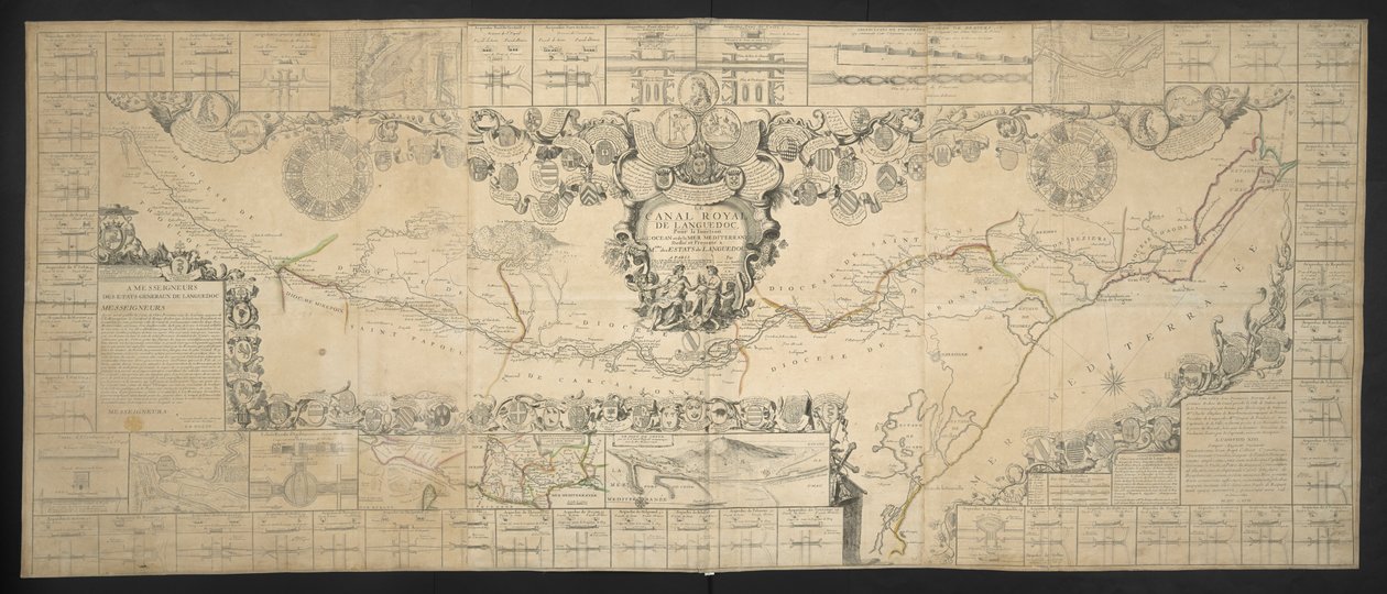 A Canal de Languedoc térképe, amely összeköti az Atlanti-óceánt a Földközi-tengerrel, dedikálva és bemutatva az M.GRS Estates of Languedoc számára alkotó: Jean Baptiste Nolin