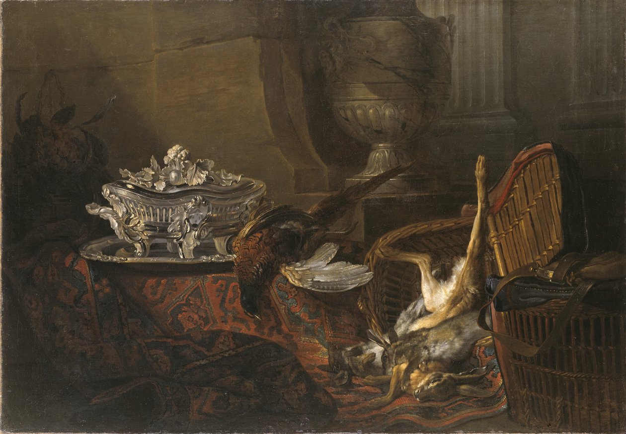 Csendélet elejtett vaddal és ezüst levesestállal török szőnyegen alkotó: Jean-Baptiste Oudry
