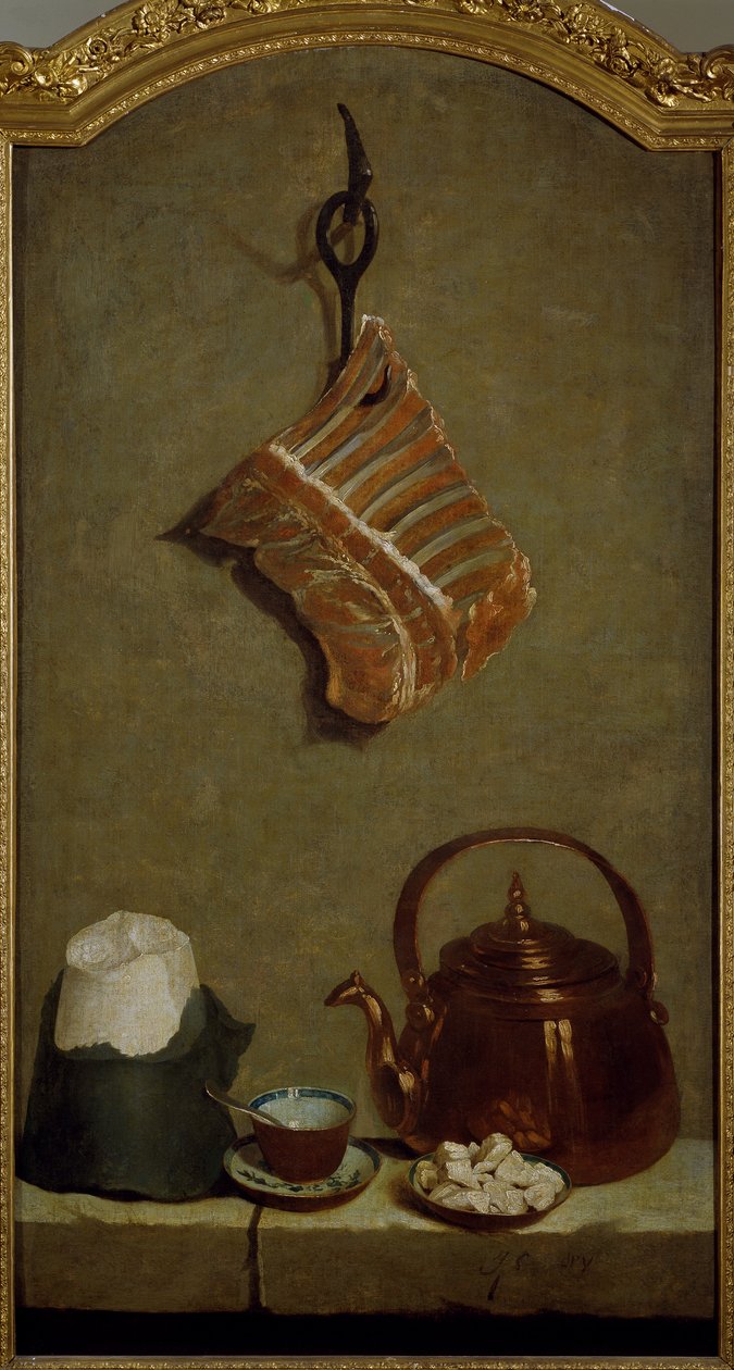 Jean-Baptiste Oudry (1686-1755) csendélet negyed hússal, cukros kenyérrel, rézkannával és csészével alkotó: Jean Baptiste Oudry