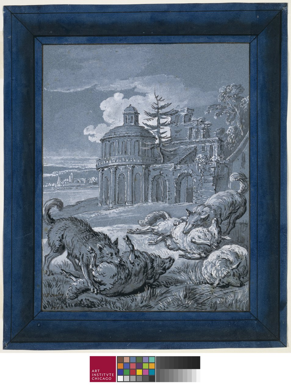 Wolves Attacking Sheep (Rein de Trop II) 1732 (toll és tinta mosással és gouache papíron) alkotó: Jean Baptiste Oudry
