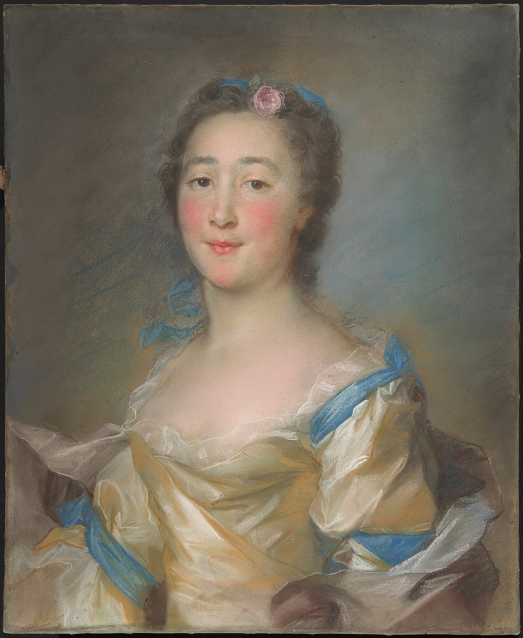 Fiatal hölgy sárga ruhában, kék szalagokkal alkotó: Jean-Baptiste Perronneau