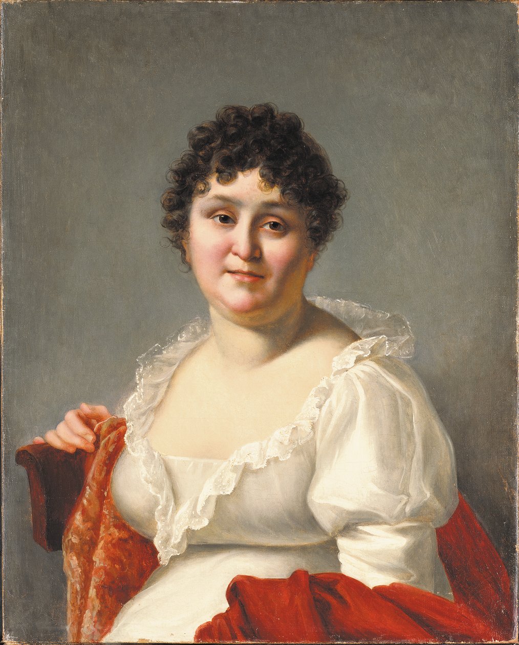 Madame Regnault portréja, mellig érő, fehér ruhában, datolyaszilva-kendőben (olaj, vászon) alkotó: Jean Baptiste Regnault