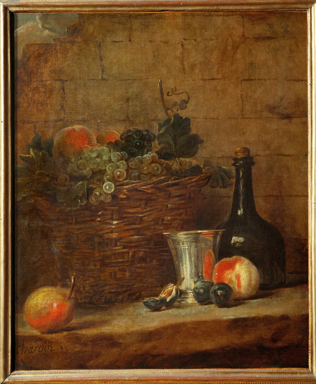 Gyümölcskosár szőlővel, ezüst serleggel és üveggel, őszibarackkal ... alkotó: Jean-Baptiste Simeon Chardin