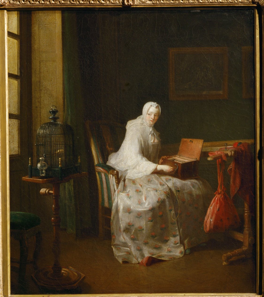 La serinette, dit aussi Dame variant ses amusements - a serinette egy kis mechanikus orgona, amelyet arra használtak, hogy a madarakat énekelni tanítsák ... alkotó: Jean Baptiste Simeon Chardin