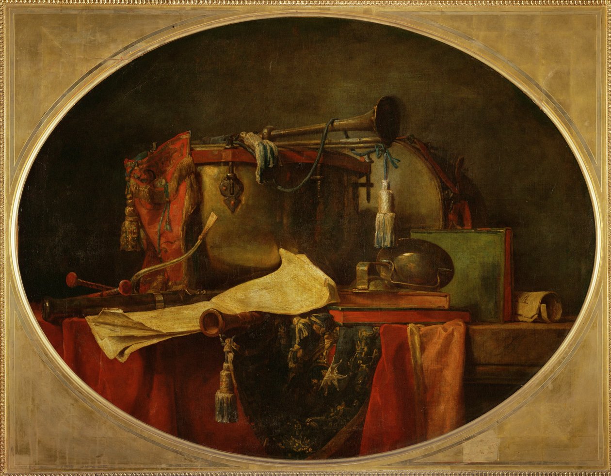 Les attributs de la music guerriere - A harci zene attribútumai, supraporte for the Chateau de Bellevue1767 ... alkotó: Jean-Baptiste Simeon Chardin