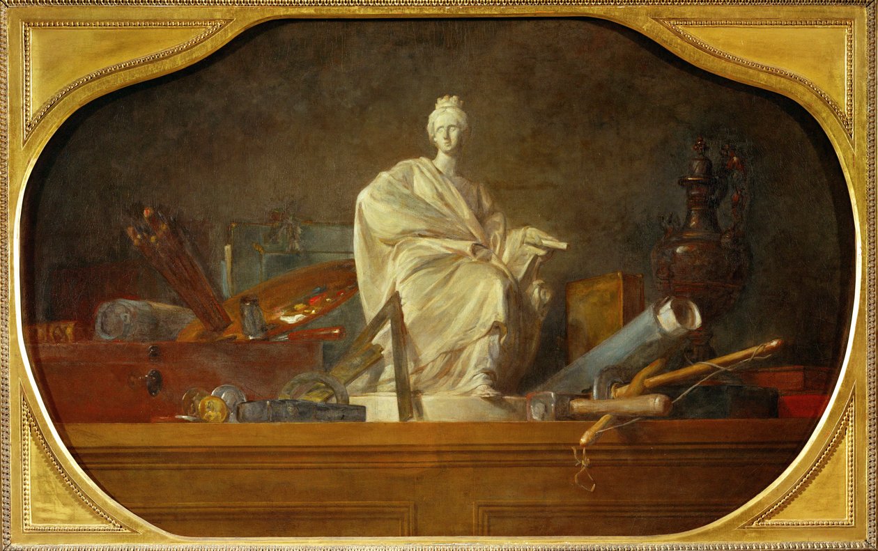 Les attributs des arts - a művészetek attribútumai, a 40-12-16/29 kísérő darabja, a Chateau de Choisy három szupraportjának egyike ... alkotó: Jean Baptiste Simeon Chardin