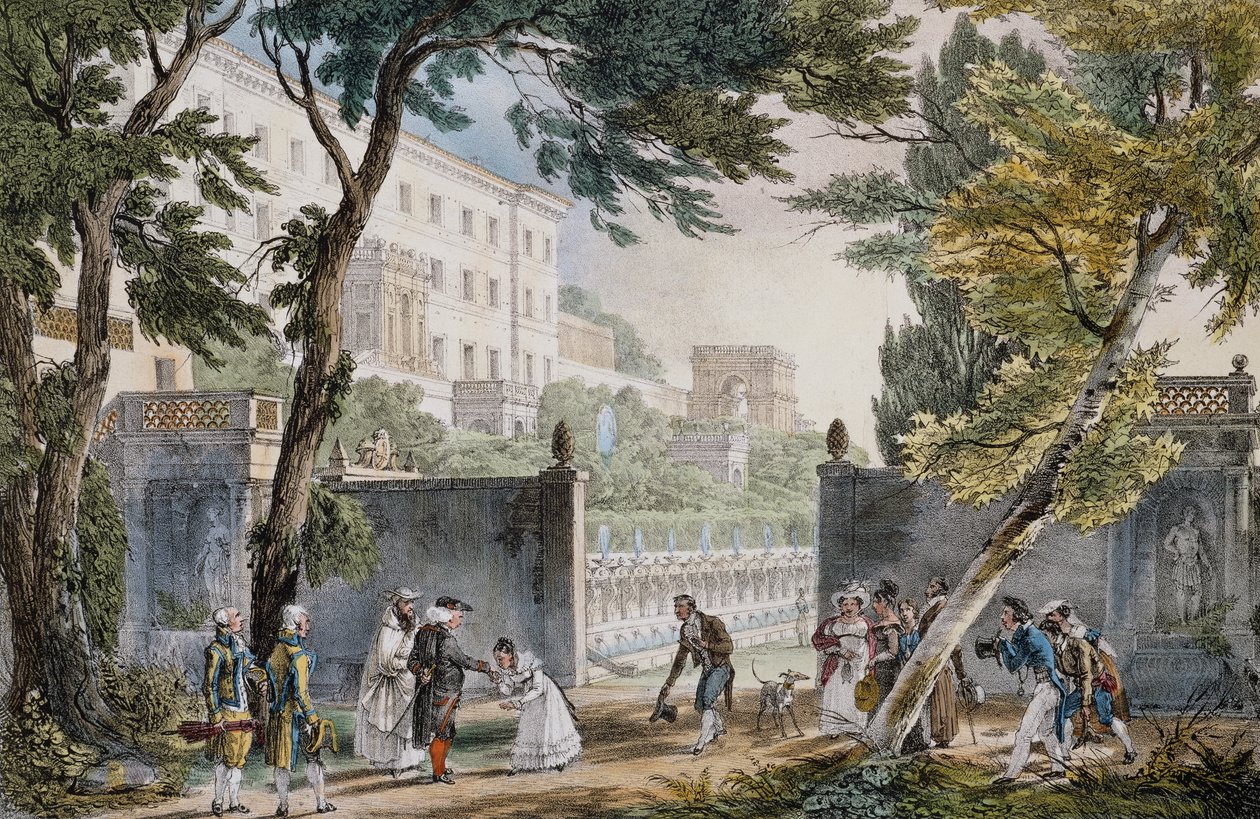 Galáns jelenet a római villa bejáratánál, 1820 körül, Jean-Baptiste Thomas metszete (1791.1833) alkotó: Jean-Baptiste Thomas