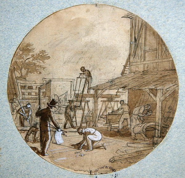 Asztalosműhely, tányértervezés különböző szakmákat ábrázoló szolgáltatáshoz, 1820-35 körül (toll és tinta, mosás és gouache papíron) alkotó: Jean Charles Develly
