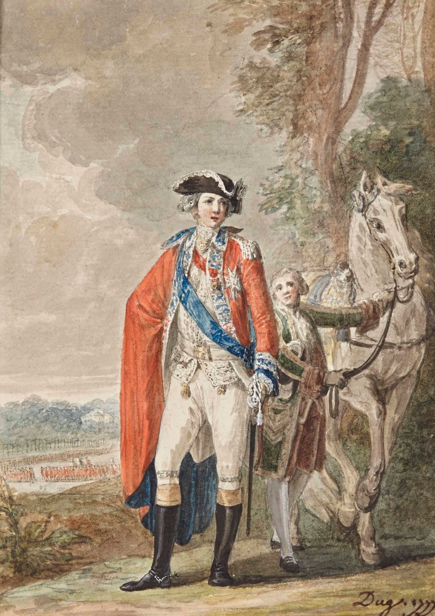 Artois grófja egyenruhában (1757-1836), egy inas tartja a lovát. alkotó: Jean-Desmosthene Dugourc