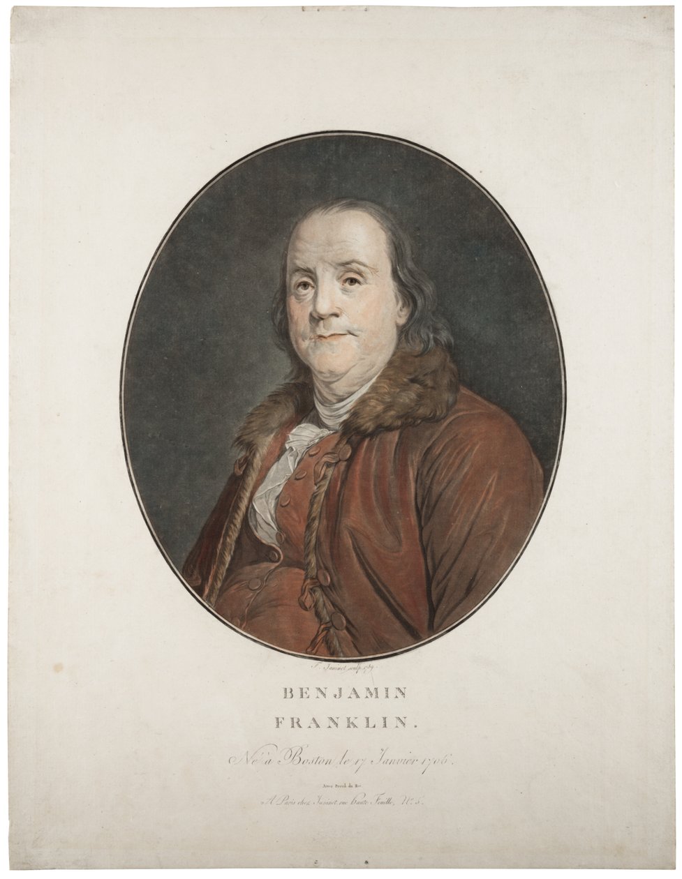 Benjamin Franklin, 1789 körül (kézzel színezett mezzotint) alkotó: Jean Francois Janinet