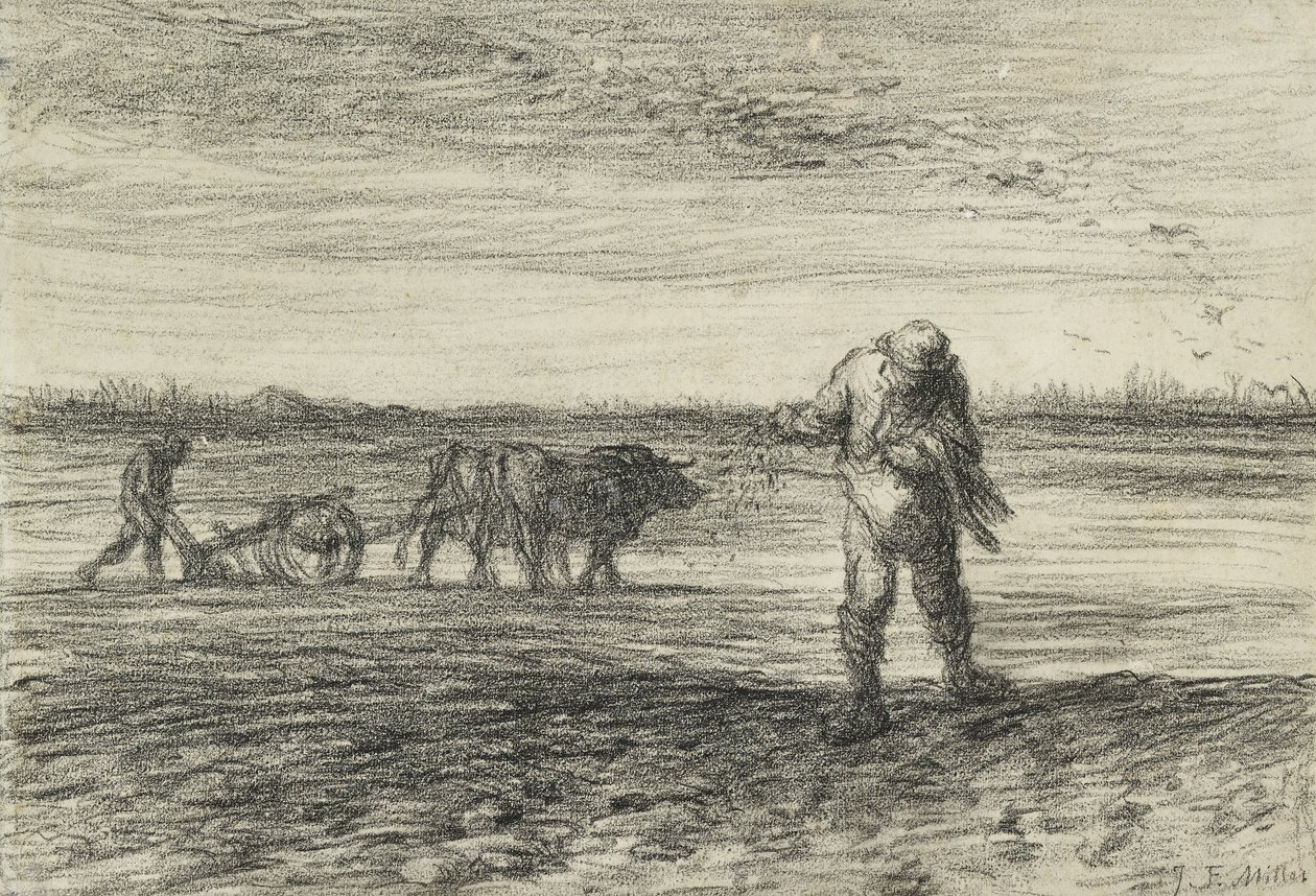 Szántó férfi és egy másik vetés, 1849 - 1852 (fekete zsírkréta, vászonpapír) alkotó: Jean Francois Millet