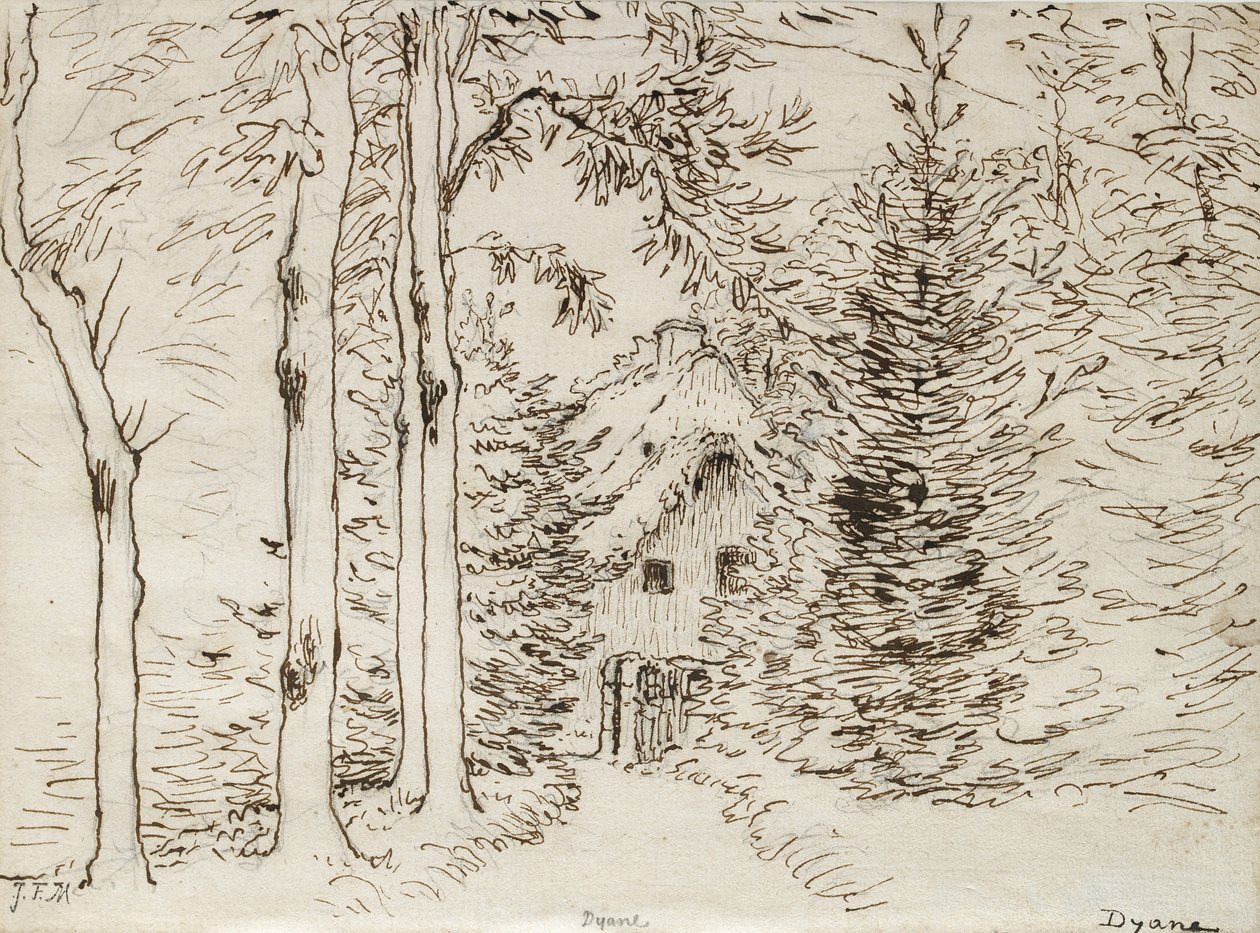 Út erdőn keresztül egy nádfedeles házhoz, 1866 (grafit, toll és barna tinta papíron) alkotó: Jean Francois Millet