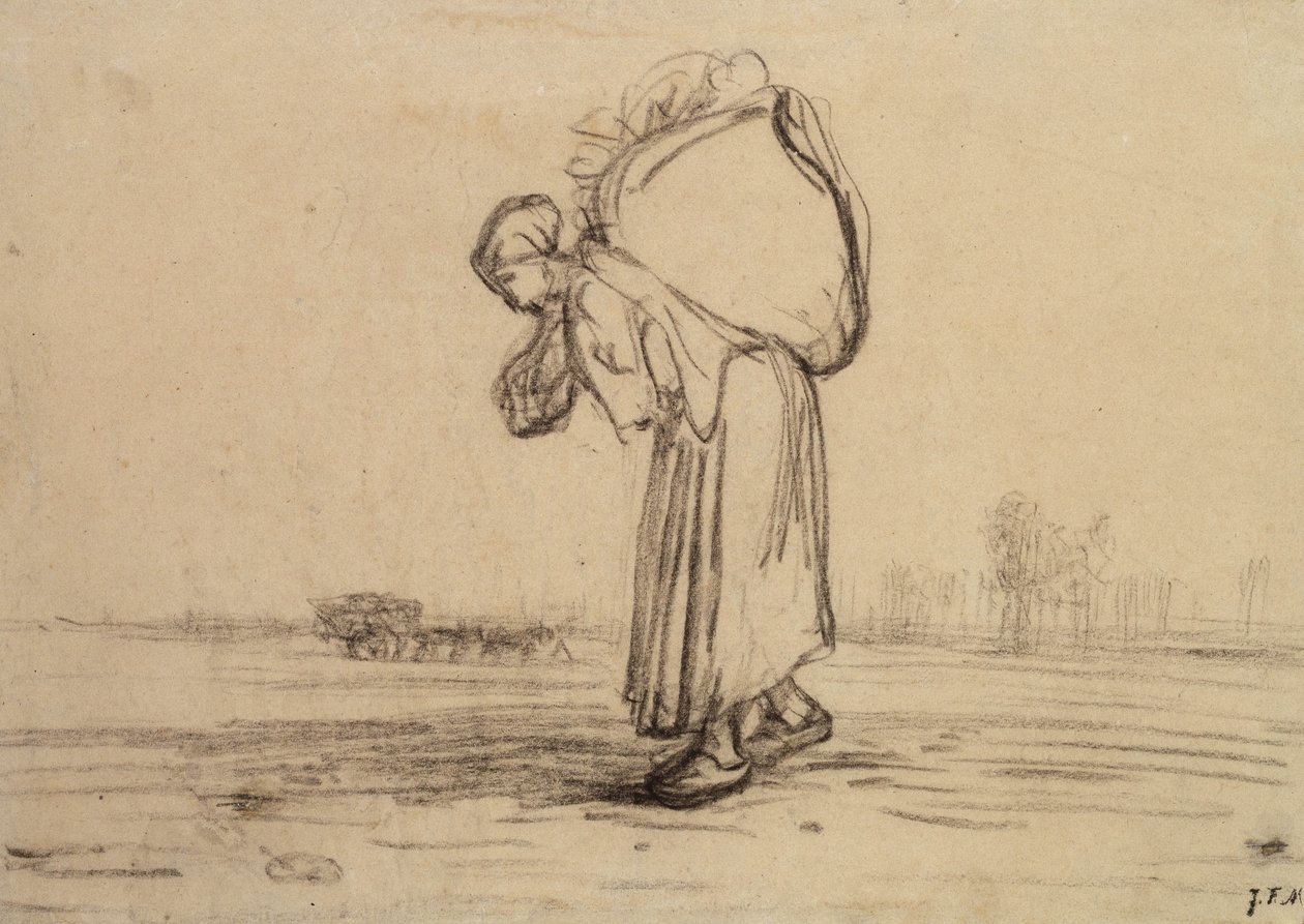 Nő, aki zsákot cipel a hátán (fekete zsírkréta papíron) alkotó: Jean Francois Millet