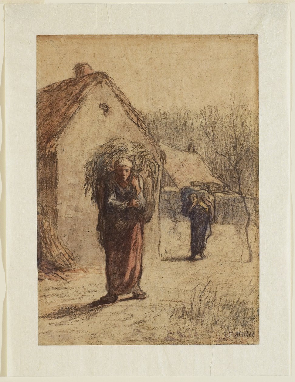 Nők, akik rengeteg szárított füvet cipelnek egy falu bejáratánál, 1850-es évek (szén, kréta és WC papíron) alkotó: Jean Francois Millet