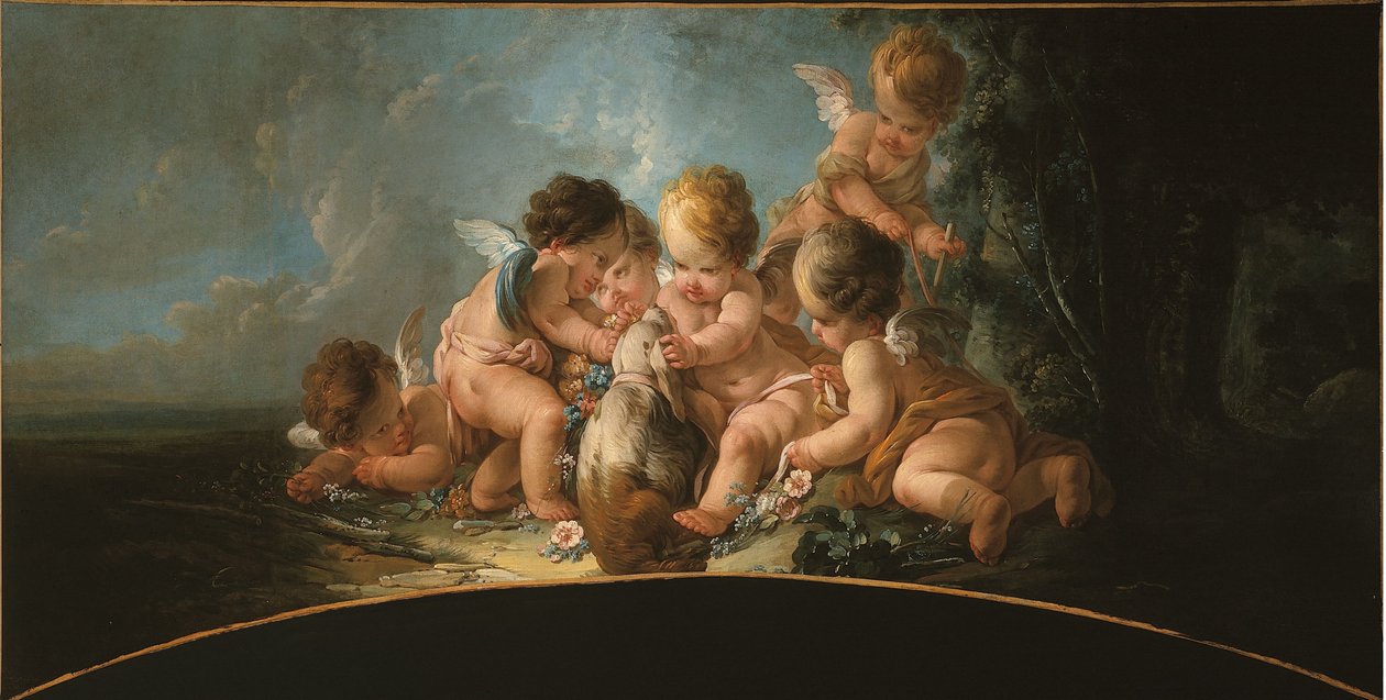 Hat szerelmespár játszik kutyával, 1761 körül (ajtó teteje) alkotó: Jean Francois Clermont
