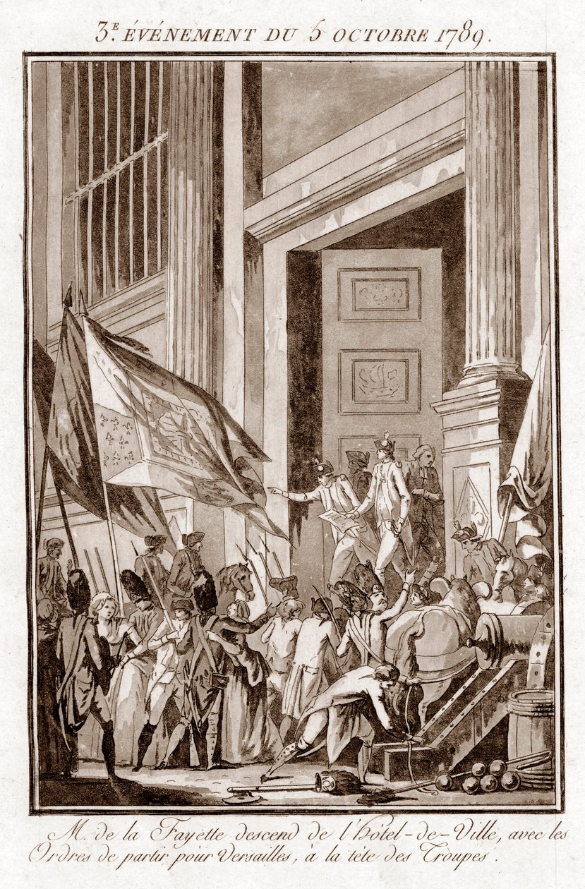 Francia forradalom – La Fayette elhagyja a párizsi városházát, és Versailles-ba utazik, október 5 alkotó: Jean Francois Janinet
