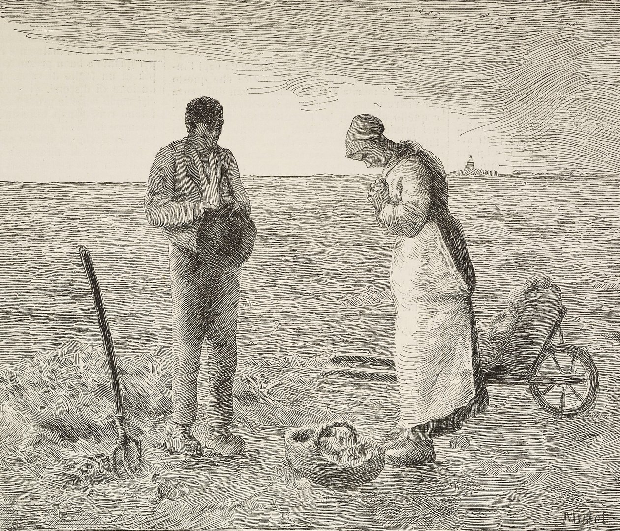 Angelus, földműves házaspár, metszet Jean-Francois Millet (1814-1875) francia festő festményéből, L