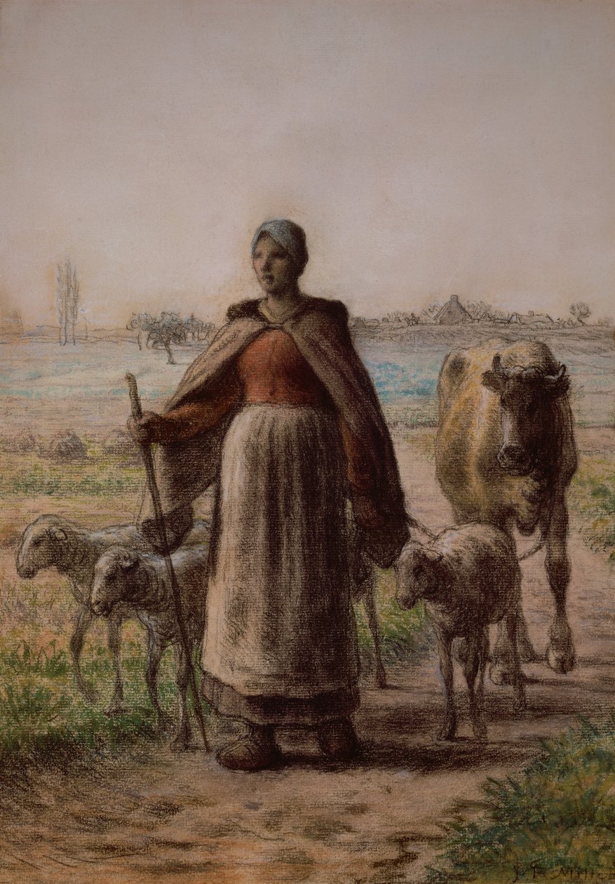 Paraszt, aki tehenét és juhát vezeti a mezőkre alkotó: Jean Francois Millet