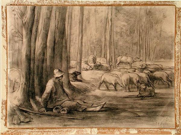 Az ivóhely az erdőben (fekete kréta papíron) alkotó: Jean Francois Millet