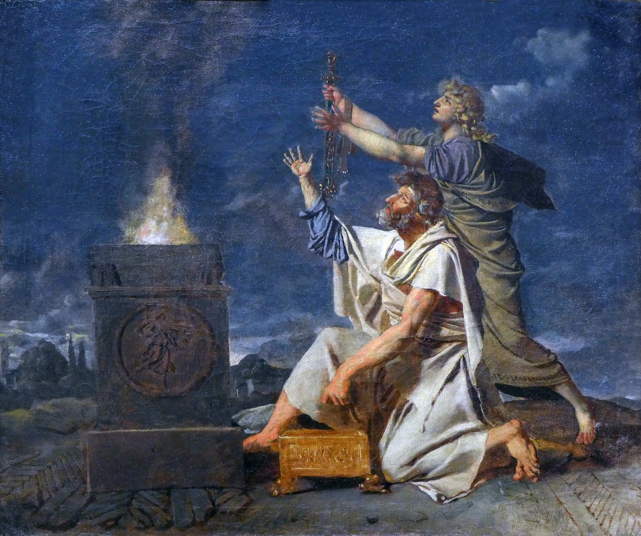 Egy fiatal római harcos apja kíséretében fegyverei sikerét kéri az istenektől, 1780 körül (olaj, vászon) alkotó: Jean Germain Drouais