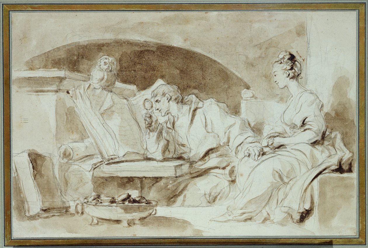 Fiatal nő, aki egy nekromantával konzultál (szépia mosás papíron) alkotó: Jean Honore Fragonard