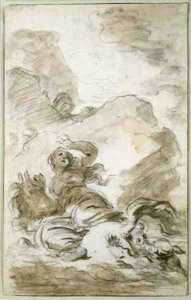 Angelica eléri a partot, ahol a remete várakozik (kréta, toll, tinta és mosás papíron) alkotó: Jean Honore Fragonard