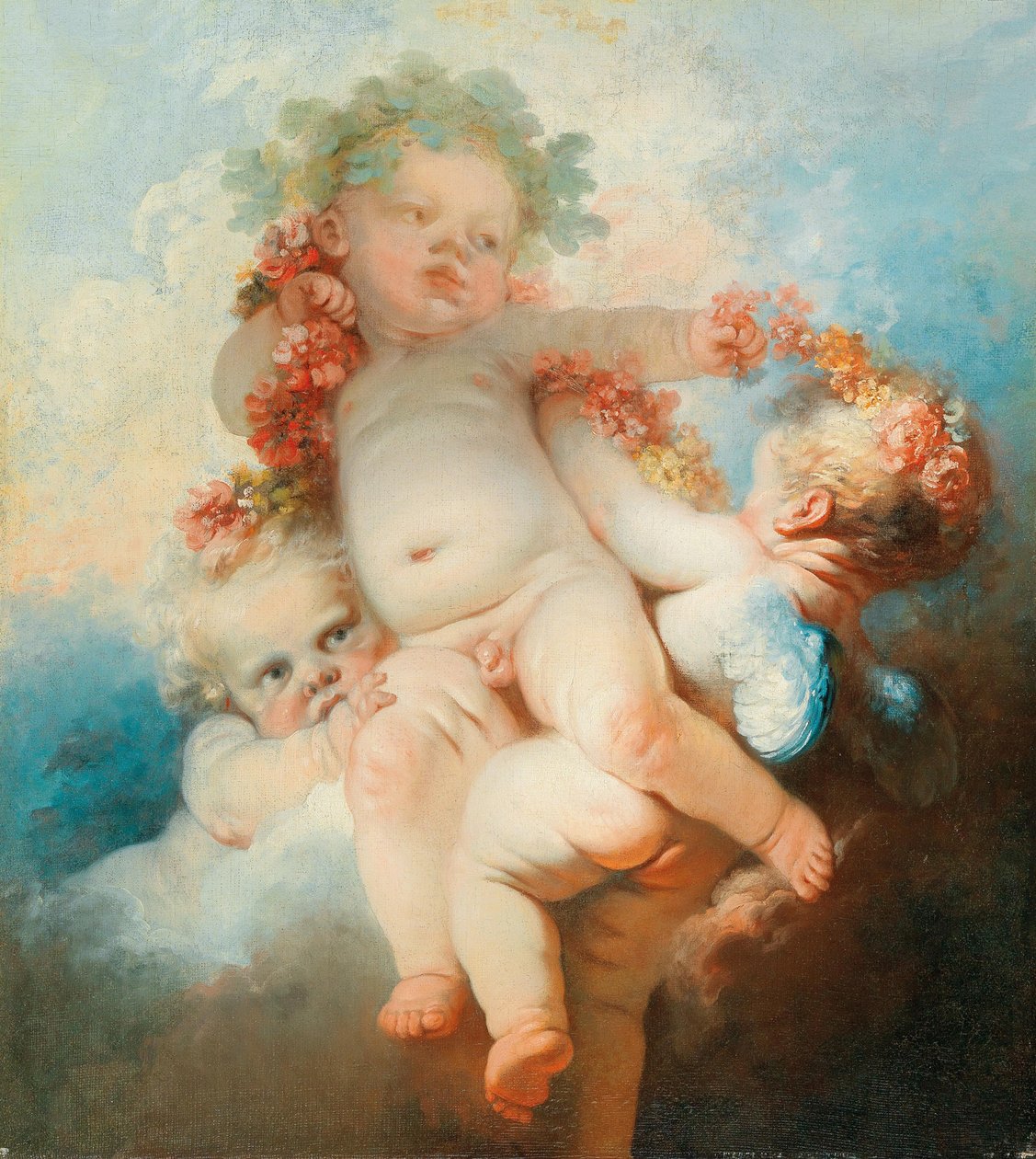 Három putti virággal koszorúzott (olaj, vászon) alkotó: Jean Honore Fragonard