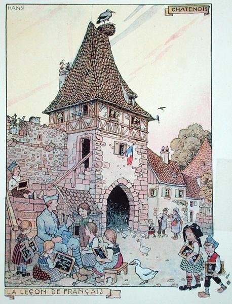Egy francia katona franciául tanít elzászi gyerekeket, akik ismét francia állampolgárok lettek, illusztráció a 