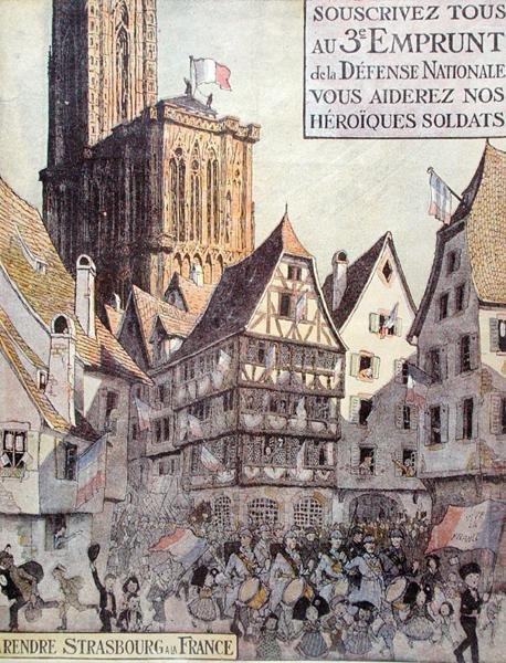 Poszter a harmadik honvédelmi kölcsönt hirdető, amelyet Elzász segélyére adtak ki, az első világháborúban alkotó: Jean Jacques Waltz