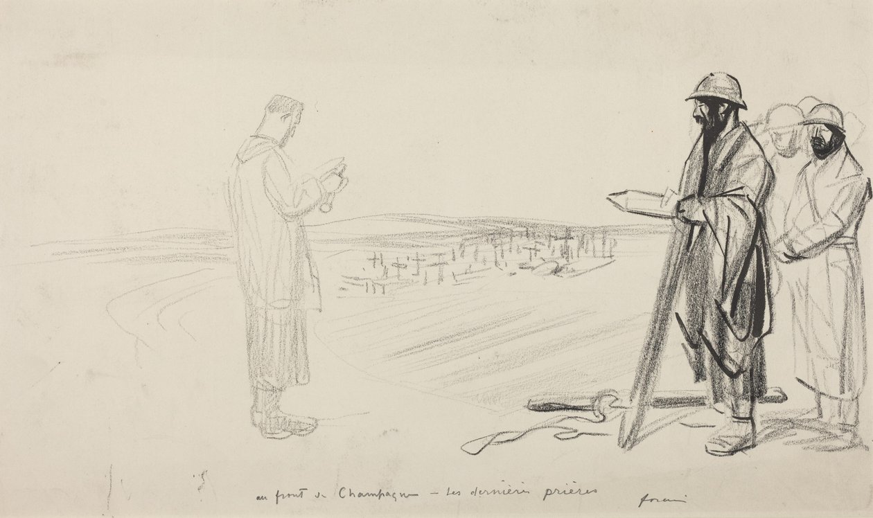 A pezsgőfronton - Az utolsó ima, 1914-1919 körül (fekete tinta, papír) alkotó: Jean-Louis & Caran D