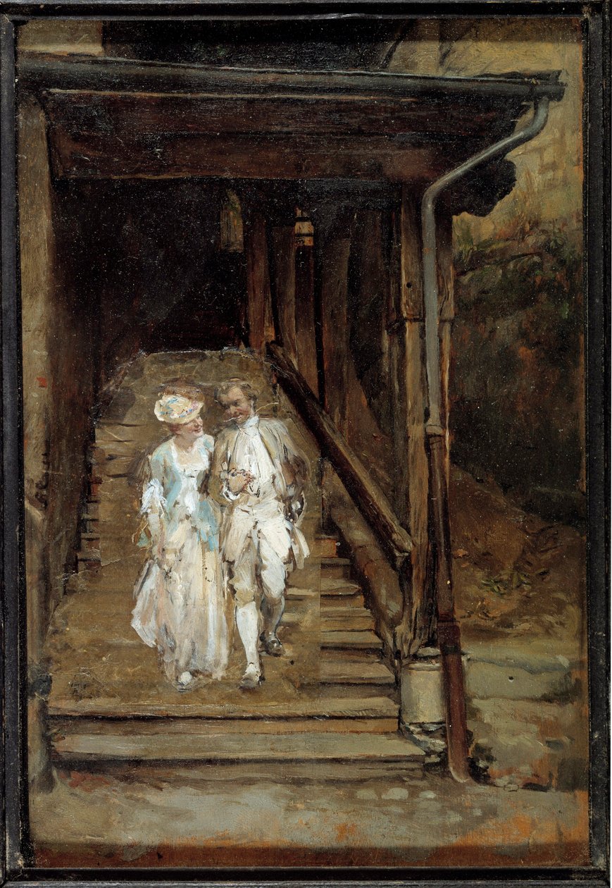 A Lausanne-i katedrális falépcsője avagy „” Jean Jacques Rousseau és madame de Warens filozófus” Jean Louis Ernest Meissonier (1815-1891) festménye 19. század V. 0,2x0,14 m alkotó: Jean Louis Ernest Meissonier
