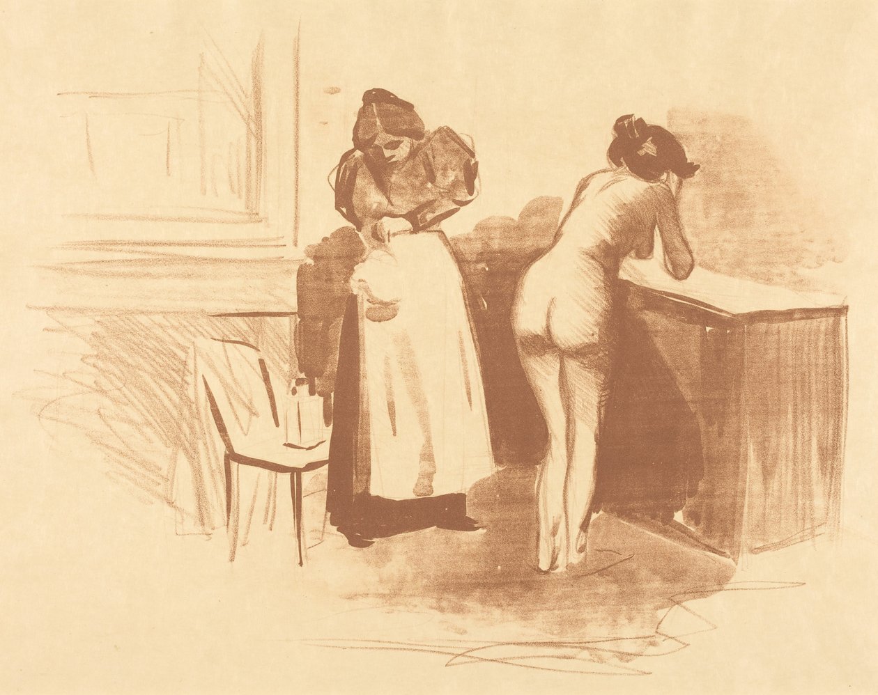 A durva szőrű kesztyűvel való dörzsölés (mosott és vonalas rajz) (The Massage with Coarse Hair Glove) (Wash and Line plate) alkotó: Jean-Louis Forain