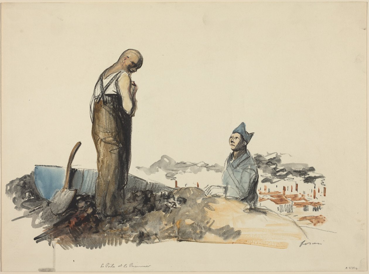 a) Le Poilu et Prisonnier (Poilu és a fogoly) (előlap); b) A fogoly tanulmányrajza (hátlap) alkotó: Jean-Louis Forain