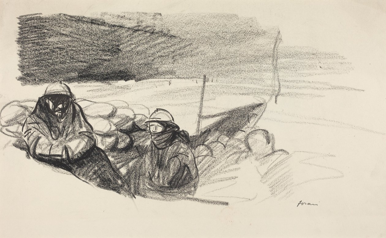 a) Két katona egy lövészárokban (előlap); b) Belső tér asztal mögött ülő alakokkal (hátlap) alkotó: Jean-Louis Forain