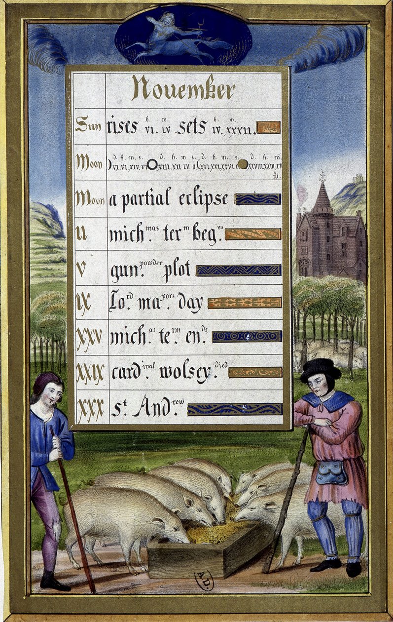 November és a nyilas jegye: sertéstenyésztés - fakszimile Anne de Bretagne óráiról, Jean Bourdichon alkotó: Jean (after) Bourdichon